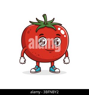 Tomaten-Zeichentrickfigur mit großen Augen, selbstbewusstem Ausdruck und Sneakers, lächelnd auf weißem Hintergrund Stock Vektor