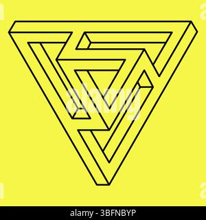 Unmögliches Dreieck. Linienform. Isoliert auf gelbem Hintergrund. Vektorabbildung. Optische Illusionsobjekte. Optische Kunst. Unwirklich geometrisch Stock Vektor