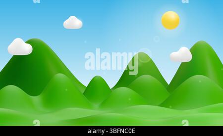 Vektorlandschaft mit üppigen grünen Hügeln und Bergen unter einem leuchtend blauen Himmel mit weißen Wolken. 3D-Vektor-Hintergrund für Kinderdesign Stock Vektor