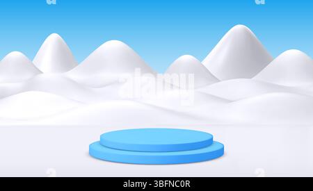 Vektor-3D-Illustration mit minimalistischen schneebedeckten Bergen und einem blauen Podium. Perfekt für Werbung, Winterwunderland. 3D-Vektor a Stock Vektor