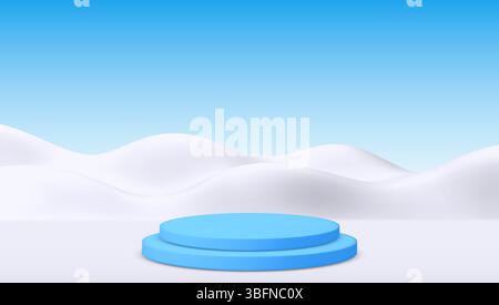 Vektor-3D-Illustration mit minimalistischen schneebedeckten Hügeln und einem blauen Podium. Perfekt für Werbung, Winterwunderland-Themen oder moderne Designprojekte Stock Vektor