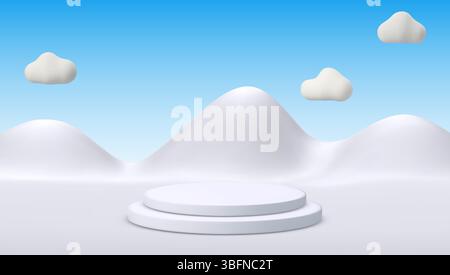 Vektor-3D-Illustration mit minimalistischen schneebedeckten Bergen, Wolken und einer weißen Plattform in der Mitte. Perfekt für Werbung, Winterwunderland Stock Vektor