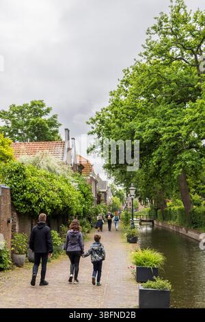 Städtische Begrünung mit Töpfen, Pflanzen und Blumen vor den Terrassenhäusern entlang der Kanäle in Leiden in Südholland in den Niederlanden Stockfoto