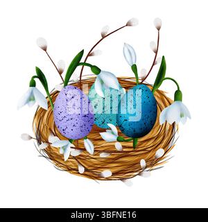 Osterkomposition mit Nest, bunten Eiern, Schneeglöckchenblüten und Weidenreben Stockfoto