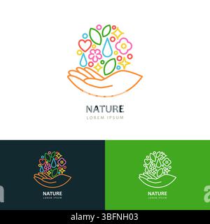 Natursymbol, Erdplanet auf menschlicher Hand. Logo-Symbol, Design-Vorlage für Schilderembleme. Vektor-Linear-Stil Ökologie und Umgebungsdarstellung. Hautpflege, Stock Vektor
