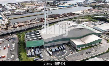 Luftaufnahme des Viridor Trident Park, Abfallentsorgungsdienstleistungsprojekt, Cardiff Energy Recovery Facility Stockfoto