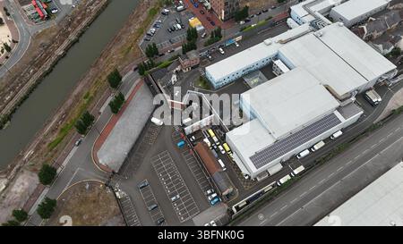 Luftaufnahme der Roath Lock Studios, BBC Wales Drama Studios in Cardiff Bay, Heimat der TV-Programme Doctor Who, Casualty und Pobol y Cwm Stockfoto
