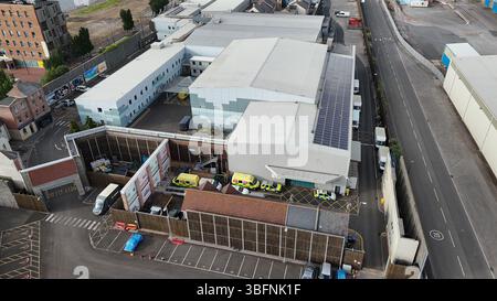 Luftaufnahme der Roath Lock Studios, BBC Wales Drama Studios in Cardiff Bay, Heimat der TV-Programme Doctor Who, Casualty und Pobol y Cwm Stockfoto