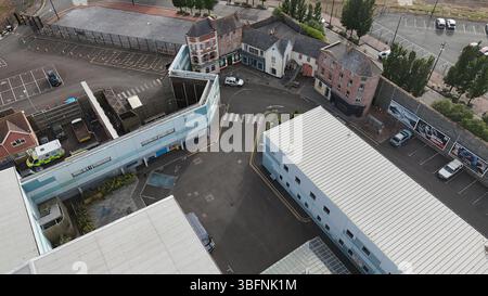 Luftaufnahme der Roath Lock Studios, BBC Wales Drama Studios in Cardiff Bay, Heimat der TV-Programme Doctor Who, Casualty und Pobol y Cwm Stockfoto