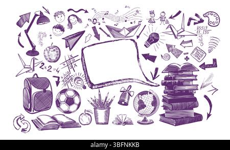 Willkommen zurück in der Schule horizontales Banner, Kritzele auf kariertem Papierhintergrund, Vektorillustration. Zeichnen mit einem blauen Stift auf einem Notizblock Stock Vektor