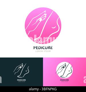 Weibliche Hand und Fuß im rosafarbenen Kreis, Design-Vorlage mit Logo-Emblem. Vektor-Frauenarm, Bein lineare Illustration. Hautpflege, Maniküre und Pedicus Stock Vektor