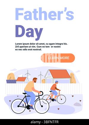Vatertag Familienradeln Outdoor-Aktivitäten Dad Sohn fährt Fahrräder Landschaft Windturbinen Häuser moderne flache Website Banner Stock Vektor