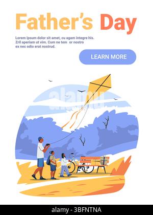 Vater und Kinder Fliegen Drachen Park Outdoor-Aktivität Familie Freizeit Fahrrad Bank Bäume Natur Landschaft Website Banner Stock Vektor