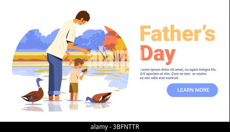 Vater und Sohn Fütterung Enten See Natur Landschaft Outdoor Aktivität bunte Bäume Wasservögel Website Banner Stock Vektor