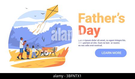 Vatertag Familie Outdoor-Aktivitäten Drachen Fliegen Park Szene Dad Kinderbank Fahrrad blau gelb Website Banner Stock Vektor