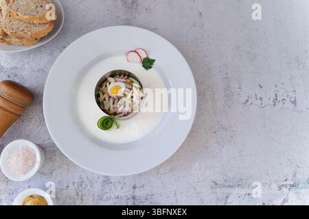 Gekühlte Okroshka serviert in einer weißen Schüssel, umgeben von Gewürzen Stockfoto
