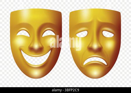 Vektor 3D-Theatermasken Set. Realistische traurige und glückliche Gesichter. Klassische Komödie und Tragödie Theatermasken in Gold. Drama Symbol für Schauspiel, Performance Stock Vektor