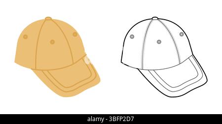 Passgenaue Baseballmütze Mit Cap. Sommer Kopf Mode Accessoire Kleidung technische Illustration. Vektor-Kopfbedeckung für Männer, Frauen, Unisex-Stil, flache Vorlage CAD-Modell Skizze Umriss isoliert Stock Vektor