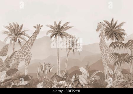 Neutraler tropischer Wald mit Giraffen, weiche Safari Tierlandschaftsillustration - traumhafte Pastel afrikanische Giraffen in der Natur, ruhige Kinderzimmer-Einrichtung Stockfoto
