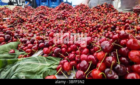 Fresh cherries displayed at a market stall in summer Stockfoto