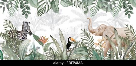 Safari Tiere Wallpaper: Zebra, Elefantenfamilie und Tukan in grüner Dschungelszene Stockfoto