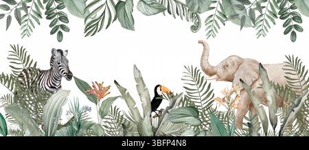 Üppige grüne Safari Wallpaper: Elefantenfamilie, Zebra und Toucan im Dschungel Habitat Stockfoto
