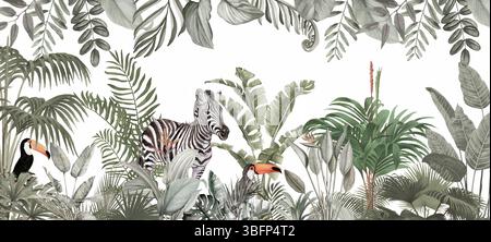 Üppige tropische Dschungel-Wallpaper: Zebra und Toucan in lebendiger grüner Laubszene Stockfoto
