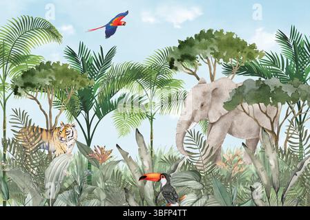 Lebendiges Dschungel-Fototapete: Elefant, Tiger, Ara, Tucan im üppigen tropischen Wald Stockfoto
