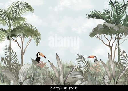 Üppig grüne Safari Wallpaper: Elefant & Toucan in tropischer Dschungellandschaft Stockfoto