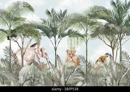 Grüne Safari Tiere Wallpaper: Elefant, Löwe, Toucan in üppiger Dschungellandschaft Stockfoto
