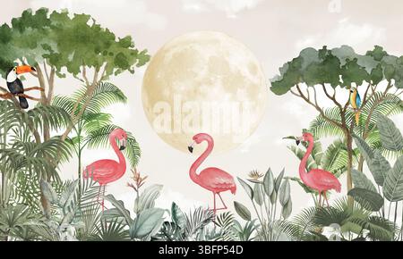 Magische Dschungelnacht-Fototapete: Flamingos, Mond, Tukan und Papagei im tropischen Wald Stockfoto