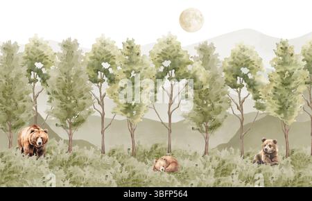 Waldtiere Hintergrundbild: Bären & Cubs Under Moon in Woodland Landscape Stockfoto