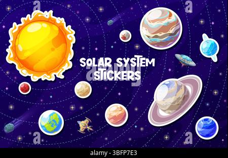 Sonnensystem Planeten Aufkleber Pack. Erde, Mars, Saturn und Venus, Pluto, Jupiter Planeten mit Umlaufbahnen um die Sonne Cartoon Vektor Hintergrund. Astronomie- und Weltraumaufkleber mit UFO-Rakete Stock Vektor