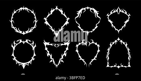 Neogotische Rahmen und Stammesränder oder Fantasy-Ornamente für Tätowierungen, Vektorflammenformen. Neo-Gothic-Rahmen im Y2K-Design mit Brandflammen oder scharfen Stacheln und Astdornen mit verzierten Kanten Stock Vektor