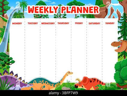 Wochenplaner für Kinder mit prähistorischen Dinosaurierfiguren. Cartoon Vektor Vorlage für die Organisation von täglichen Spaß und lehrreichen Aktivitäten für Kinder, mit Dino-Tieren in einem üppigen Dschungel Wald Stock Vektor