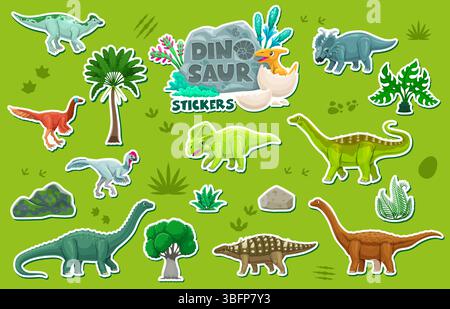 Die Aufkleber mit prähistorischen Dinosaurier-Charakteren zeigen Dino-Tierarten, Reptilien-Schlüpfen aus einem Ei und Vegetationselemente wie Bäume, Pflanzen und Felsen auf grünem Hintergrund mit Fußabdrücken Stock Vektor