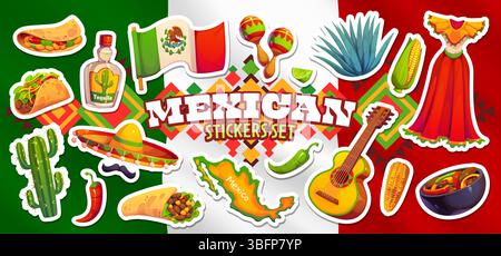 Mexikanische Küche Essen und Feiertagsartikel Aufkleber Pack am Mexiko Flagge Vektor Hintergrund. Mexikanische Partygitarre, Kakteen, Taco und Tequila, Sombrero, Maracas, Pfeffer und Burrito mit Mexiko-Kartenaufklebern Stock Vektor