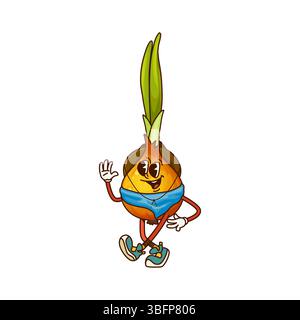 Grooviger ZwiebelCowboy oder Gemüsebandit Charakter und Sheriff von Wild West, Comic Vektor. Lustige, groovige Zwiebel in Cowboyhut und westliches Halstuch-Bandana mit Happy Lächeln im Gesicht für eine Zeichentrickfigur Stock Vektor