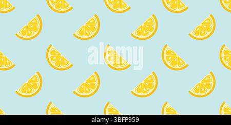 Nahtloses Sommermuster mit leuchtenden gelben Zitronenkeilen auf weichem blauem Hintergrund. Cartoon-Vektor-Stil Stock Vektor