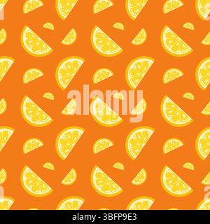 Nahtloses Sommermuster mit leuchtend gelben Zitronenkeilen auf leuchtendem orangefarbenem Hintergrund. Hintergrund des Zeichentrickvektors Stock Vektor