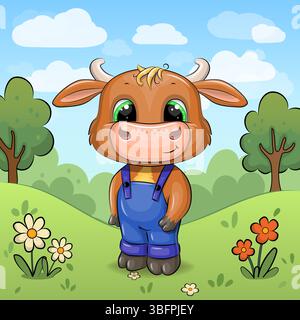 Niedlicher Cartoon-Bulle in der Natur. Vektorillustration eines Tieres mit roten und weißen Blumen, Gras und Bäumen. Stock Vektor