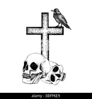 Schädel, Kreuz, Krähe. Schwarz-weiße grafische Illustration mit Raben, Vektor-Gothic-Komposition für Halloween, Day of the Dead, esoterisches Konzept. Strichgrafik Stock Vektor