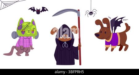 Halloween-Haustier-Kostümkollektion - grüne frankensteinkatze mit Nähten, brauner Hund mit grimmiger Sensenmann-Kapuze mit Sense, süßer Welpe als Fledermaus mit Flügeln. Gruselige Party-Dekorationselemente. Stock Vektor