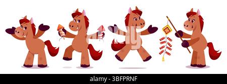 Niedliche Zeichentrickfigur zum chinesischen Neujahr - braunes Pony mit roter Mähne hält Feuerwerkskörper und festliche Dekorationen. Verspieltes Maskottchen für Urlaubskarten, Sternzeichen für kulturelle Veranstaltungen. Stock Vektor