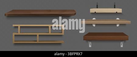 Wandregale aus Holz - brauner geometrischer Organizer, modernes Halterungsdesign mit Metallstützen, minimalistischer Holzablage für die Inneneinrichtung, Innenmöbel auf grauem Hintergrund. Stock Vektor