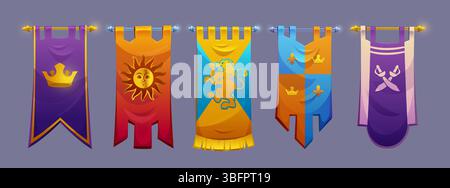 Mittelalterliche Burgbanner für die Spieloberfläche - Wappenflaggen mit Löwenemblem, Fleur de Lis, Krone- und Sonnensymbole, Silbergoldpfahl. Kingdom Wimpel hängen an Stangen für Fantasy-rollenspiele Stock Vektor