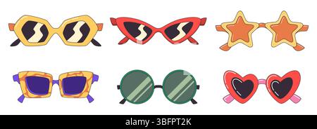 Retro Sonnenbrillen Sticker Kollektion - bunte Brillenfassung mit Blitz, Stern und Herz, runde und quadratische Partybrillen, Vintage-Objektive, Brillen für Sommer-Modeaccessoires. Stock Vektor