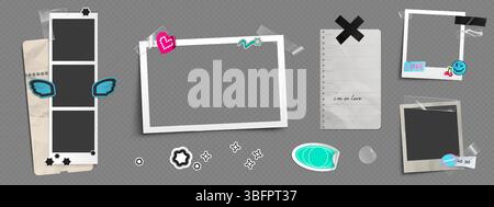 Y2K ästhetische Bilderrahmen Mockup Set - quadratische und rechteckige Sofortfotografie-Rahmen mit trendigen 2000er-Jahren-Aufklebern - Sterne und Herzen, lächelndes Gesicht und Flügel. Retro-Scrapbooking-Fotovorlage Stock Vektor