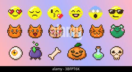 Pixel Art Emoticon Gesichtskollektion auf verlaufendem Hintergrund - Retro-8-Bit-Stil-Ausdrücke mit gelbem Gesicht, oranger Katze, Frosch und Halloween-Artikel einschließlich Augapfel und Hexenkessel, Kürbis und Schädel Stock Vektor