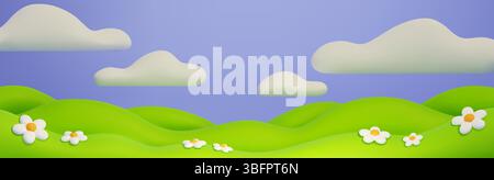 Hintergrund des 3. Hügels mit sanften grünen Wiesen unter blauem Himmel. Cartoon-Landschaft mit weißen Gänseblümchen über grasbewachsene Hänge. Naturszene mit flauschigen Wolken für Kinder oder Spieldesign. Stock Vektor